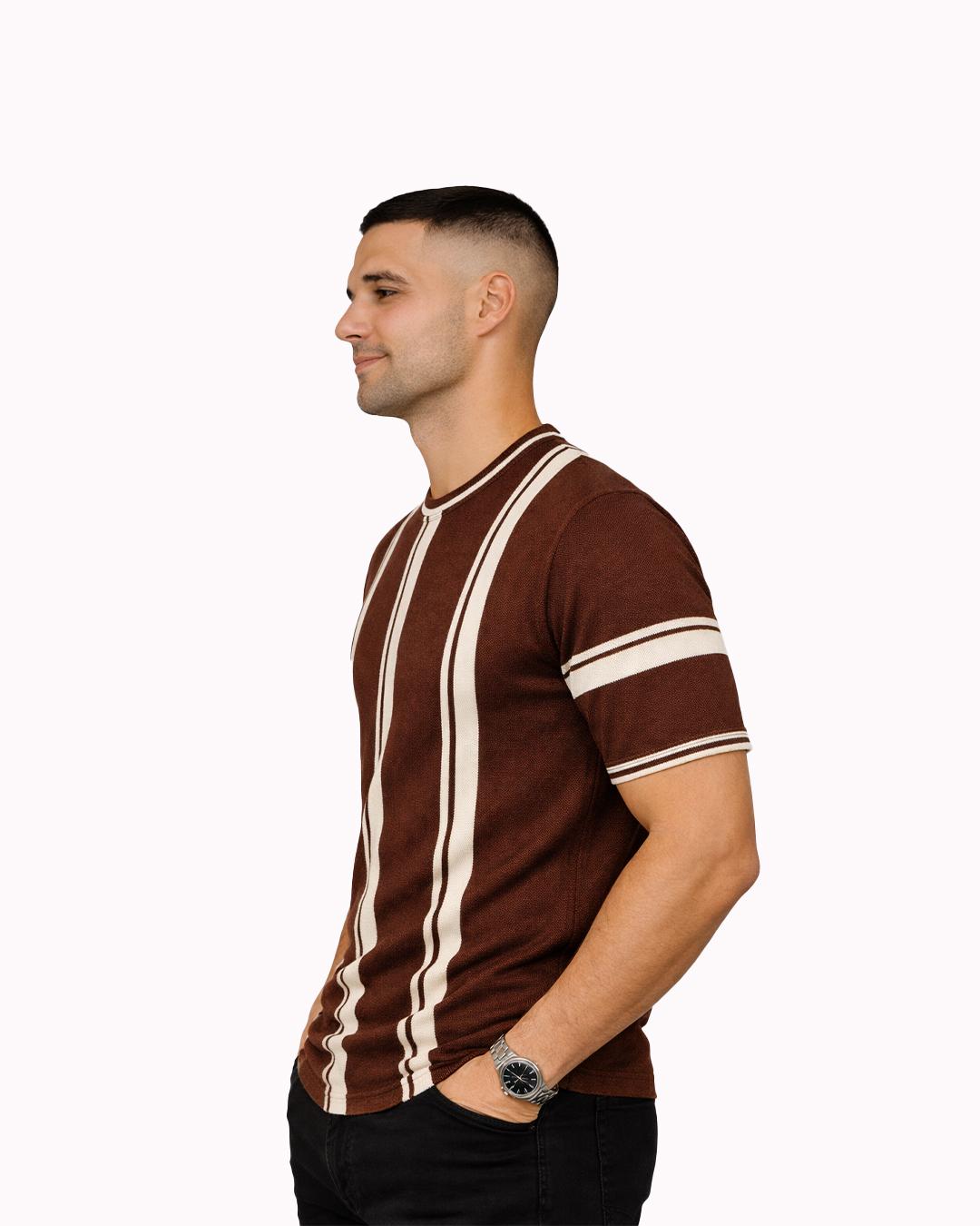 Men’s Brown/White Vertical Striped Knit T-Shirt thumbnail 3