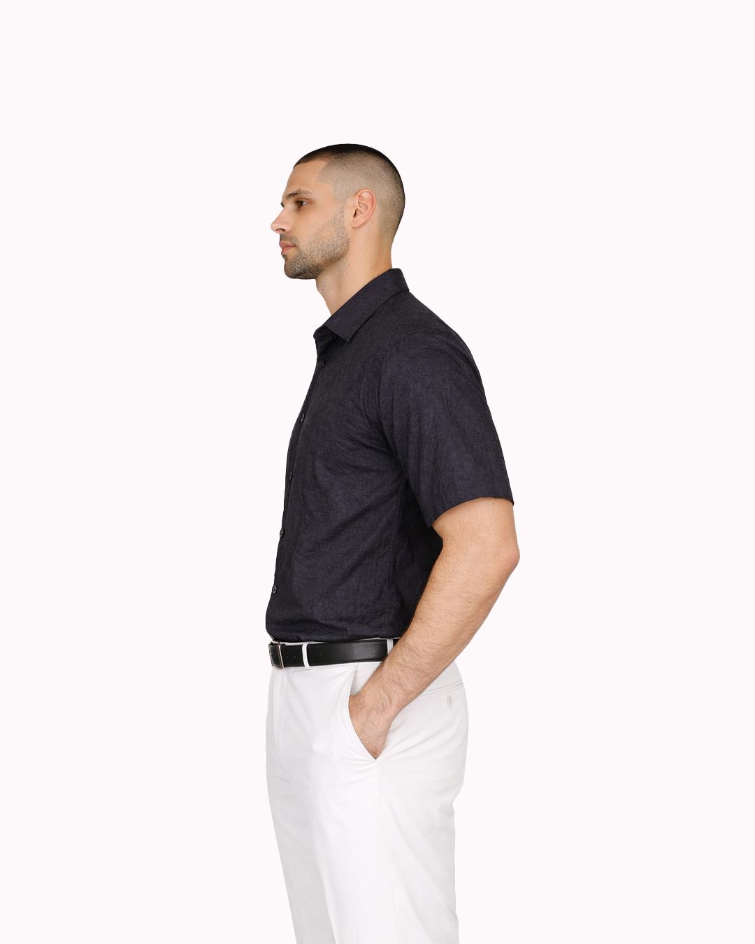 Men's Crush Textured Short-Sleeve Button-Up Shirt – Black thumbnail 5
