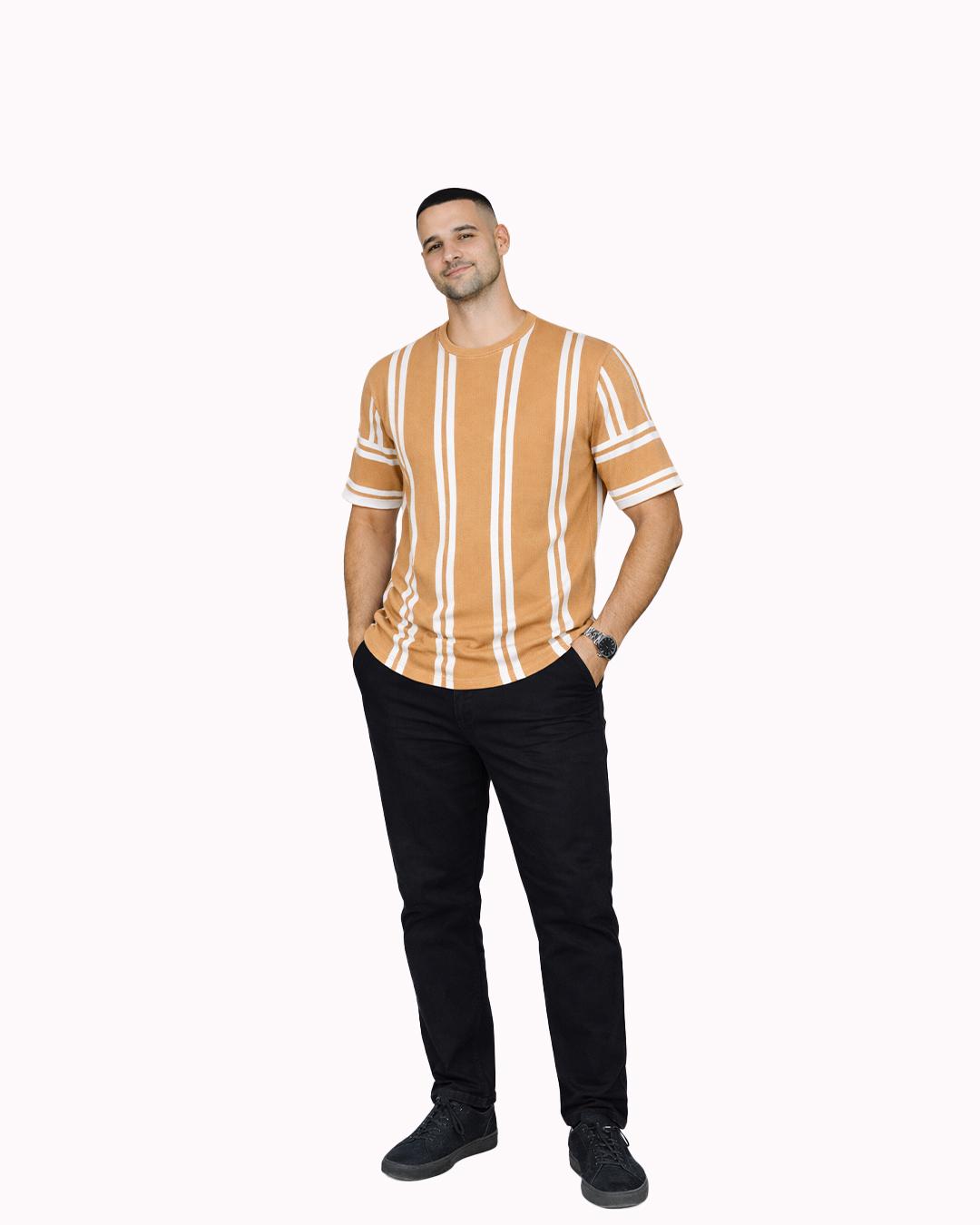 Striped Knitted T-Shirt – Tan/White Vertical Stripe