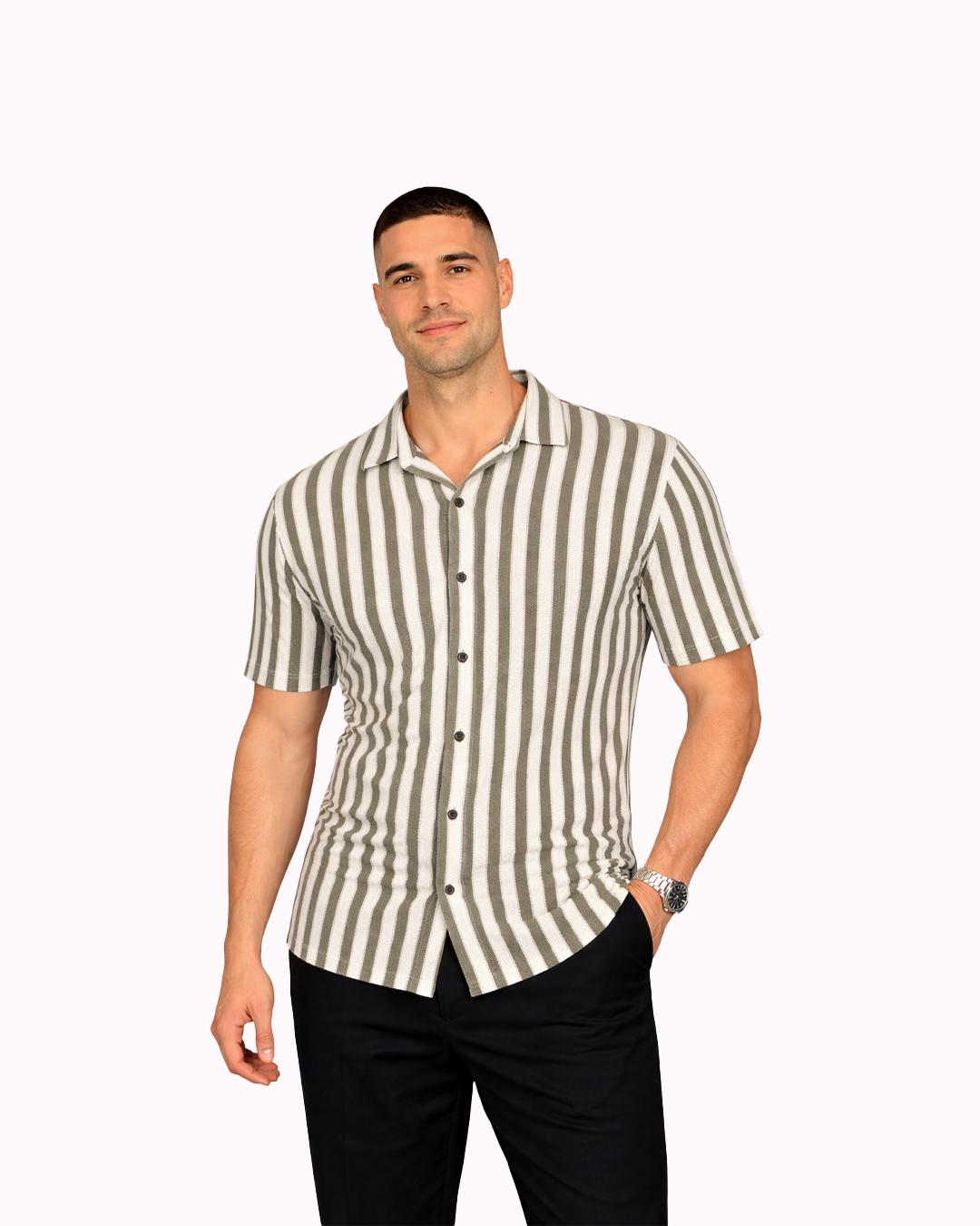 Textured Resort Collar Vertical Stripe Shirt — White & Dark Olive thumbnail 2