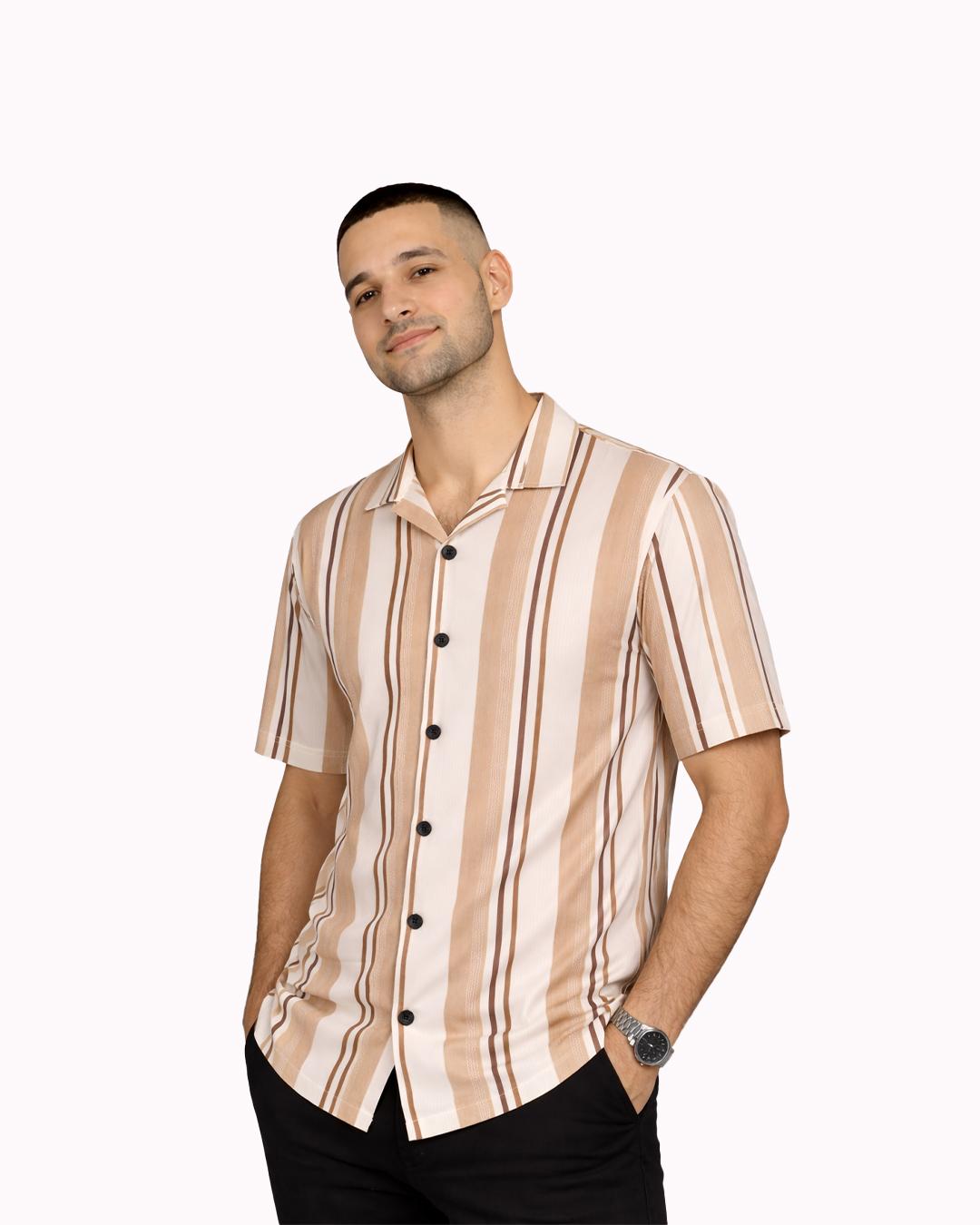 Men’s White/Tan/Brown Vertical Striped Resort Collar Shirt