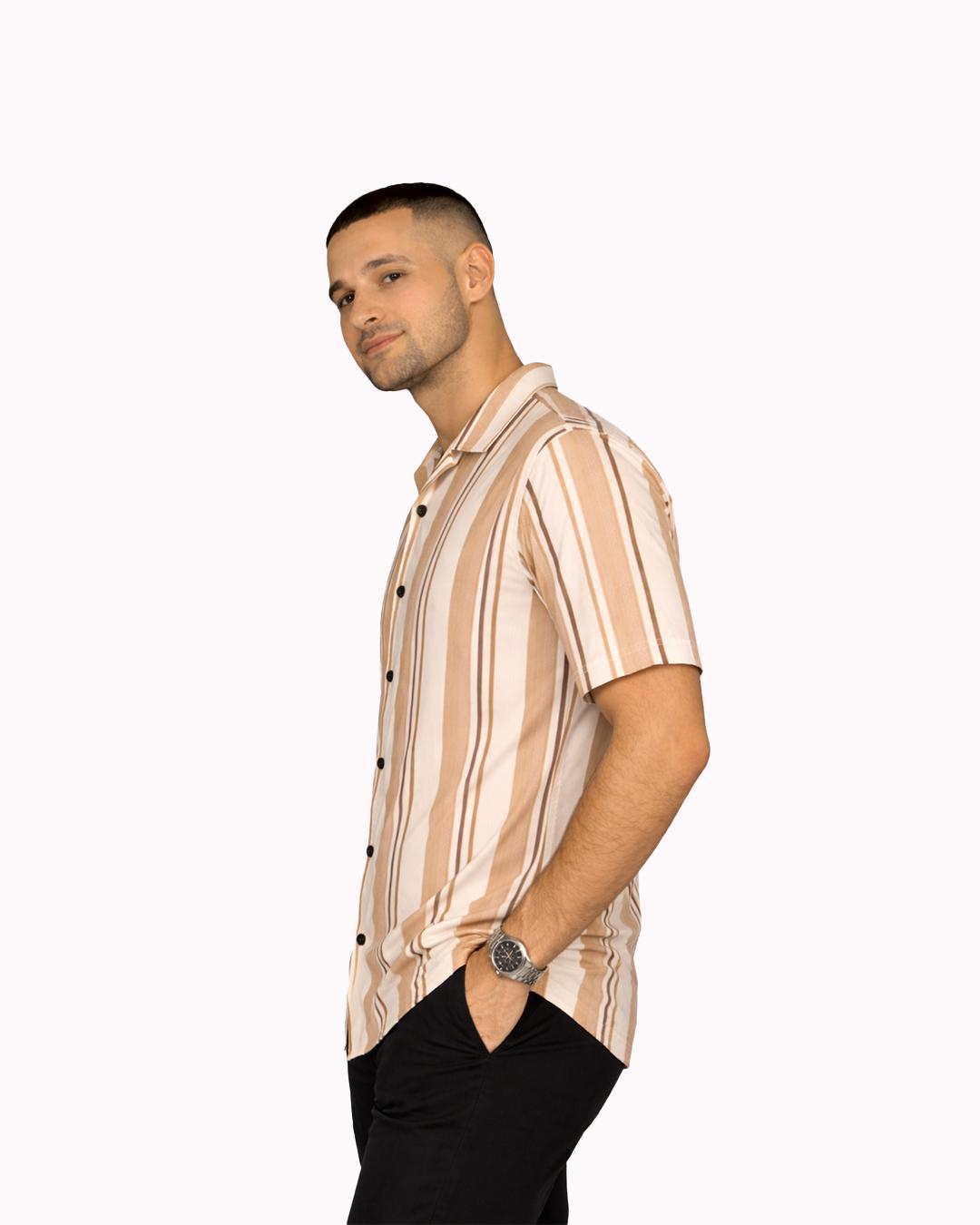 Men’s White/Tan/Brown Vertical Striped Resort Collar Shirt thumbnail 4